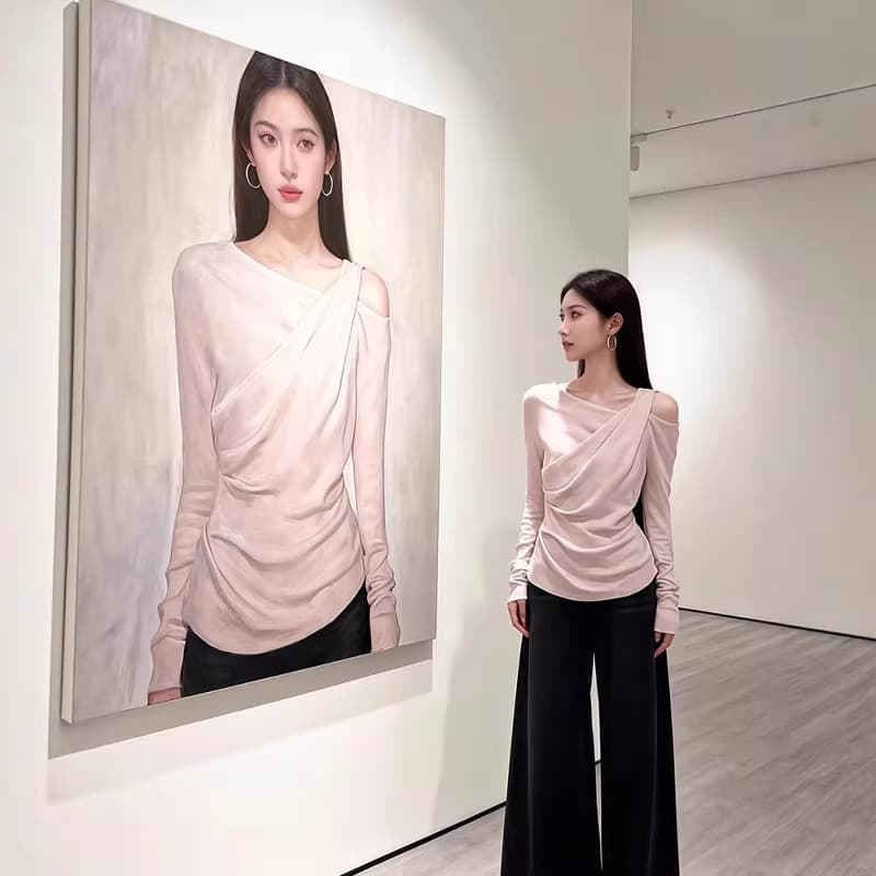 가을 의상 새로운 한 부서 회색 비스듬한 칼라 오프숄더 긴팔 티셔츠 여성 디자인 센스 몸매 가꾸기 슬림해 보이는 인사이드 가져 가라. 사람들 면 맨위