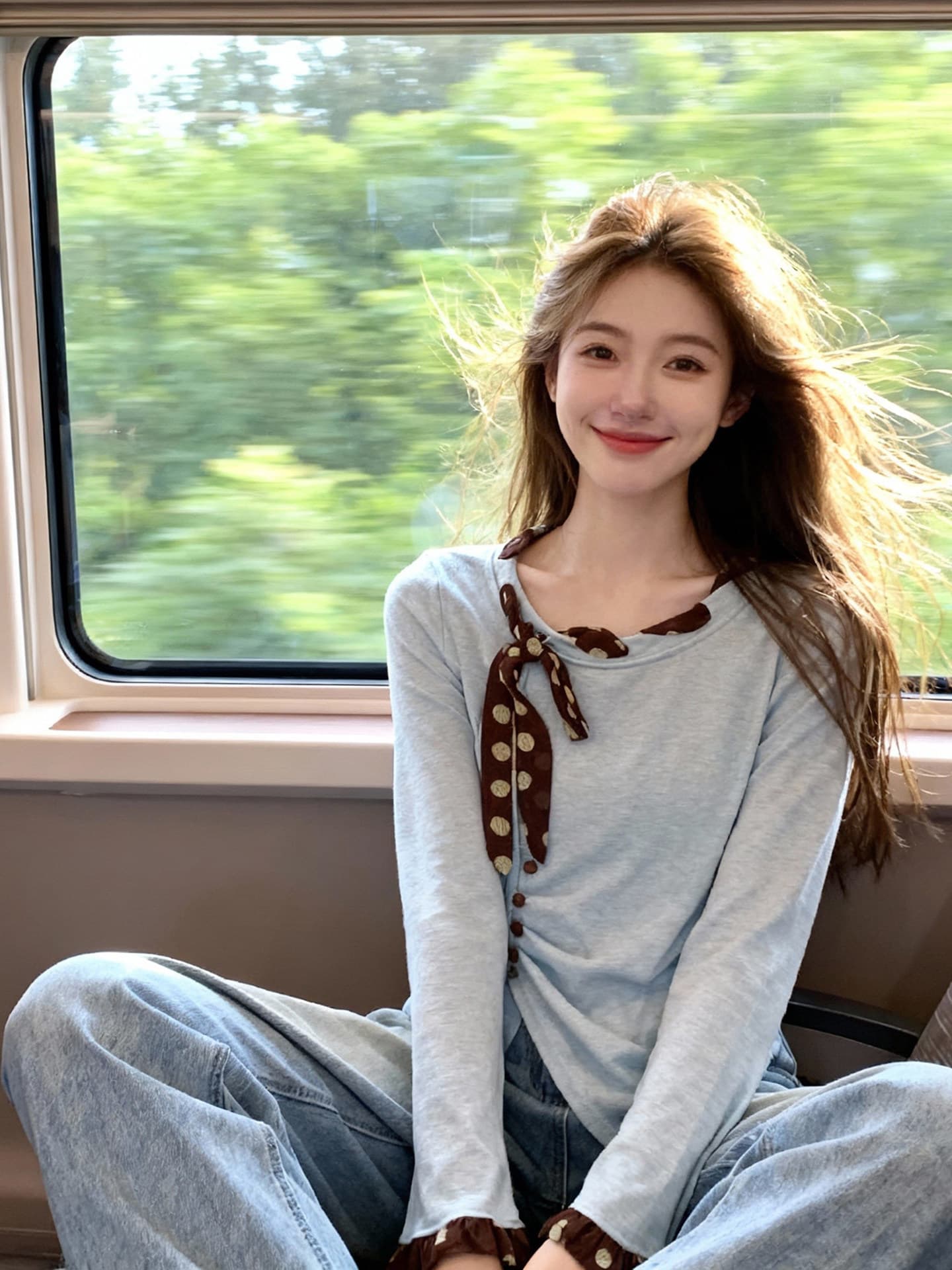 가을 의상 새로운 하늘색 배색 리본 티셔츠 도트 무늬 나비 매듭 장식 루즈핏 슬림해 보이는 캐주얼 긴팔 맨위 이미지 3