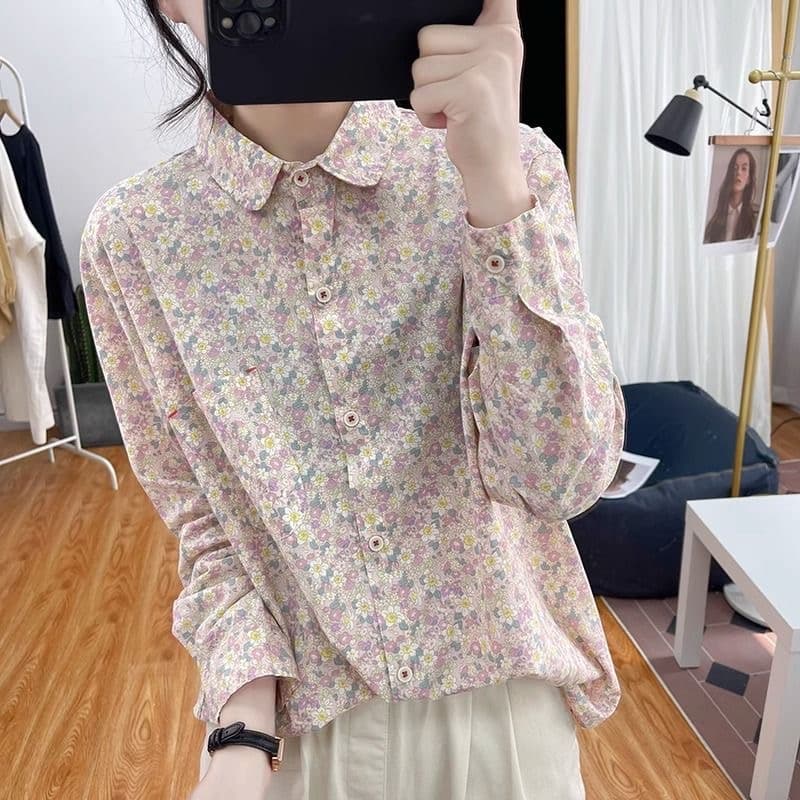 가을 의상 새로운 긴팔 캐주얼 프린트 여성 셔츠 신선함 문예 레트로 꽃무늬 맨위 셔츠 상세 이미지 3