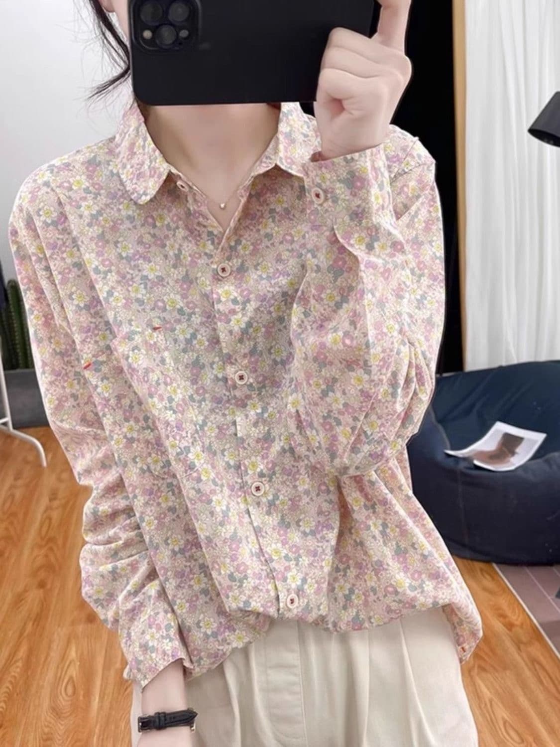 가을 의상 새로운 긴팔 캐주얼 프린트 여성 셔츠 신선함 문예 레트로 꽃무늬 맨위 셔츠 상세 이미지 9