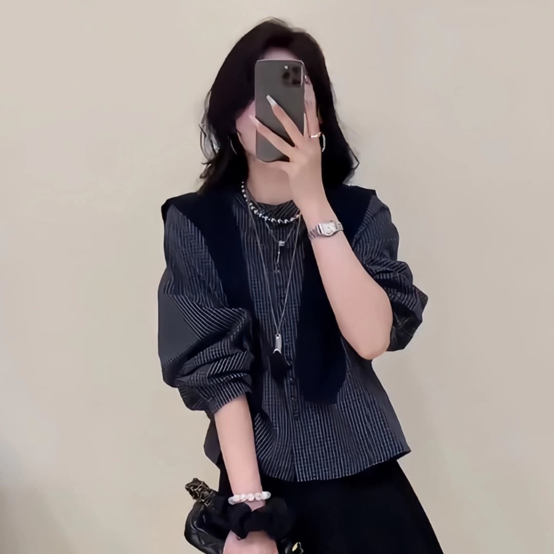가을 의상 새로운 프랑스식 레트로 체크무늬 숄 긴팔 셔츠 여성 레저 품격 셔츠 루즈핏 맨위