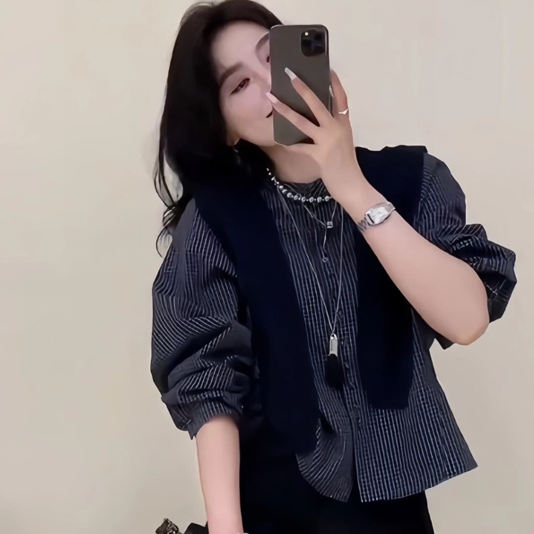 가을 의상 새로운 프랑스식 레트로 체크무늬 숄 긴팔 셔츠 여성 레저 품격 셔츠 루즈핏 맨위 이미지 2