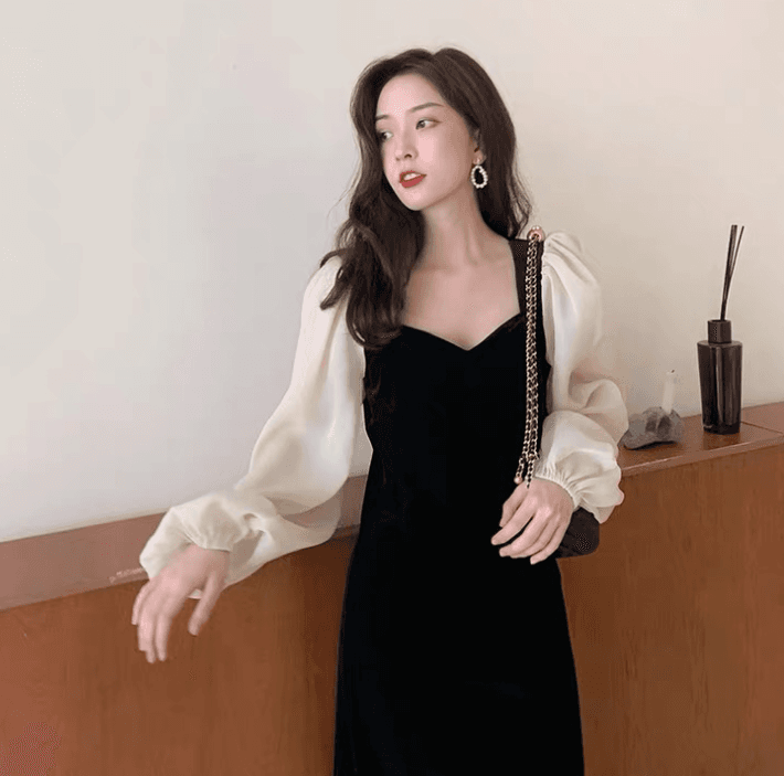 가을 의상 새로운 한국 스타일 금사 벨벳 드레스 광장 칼라 거품 소매 빅 사이즈 슬림해 보이는 드레스 이미지 4