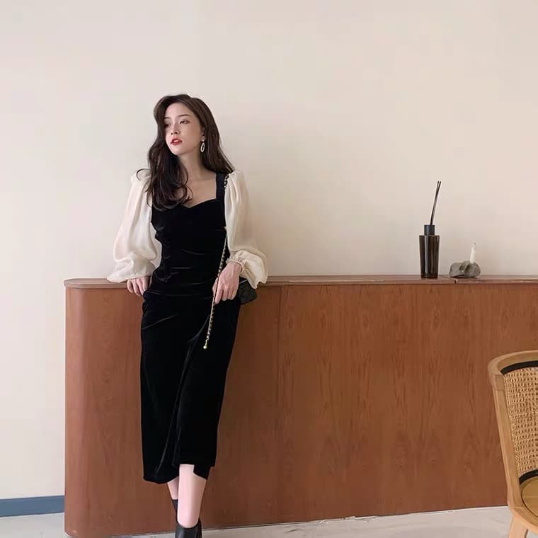 가을 의상 새로운 한국 스타일 금사 벨벳 드레스 광장 칼라 거품 소매 빅 사이즈 슬림해 보이는 드레스 이미지 3