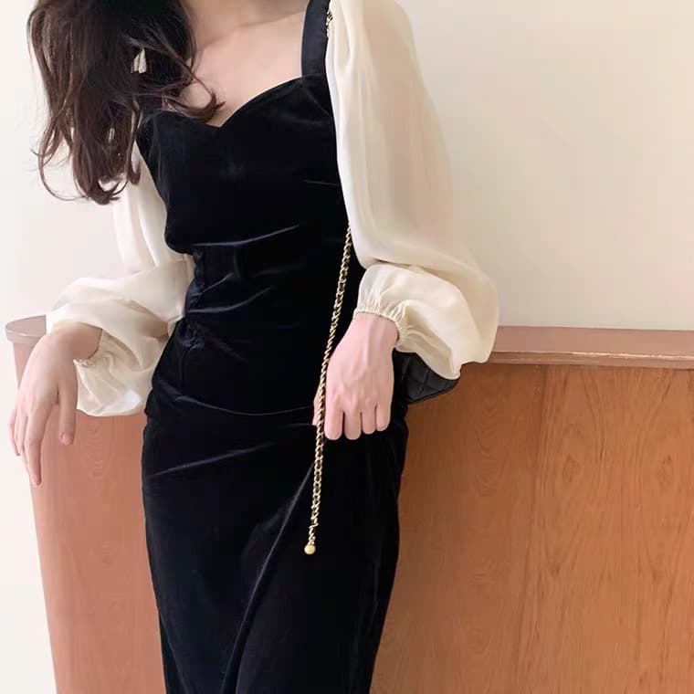 가을 의상 새로운 한국 스타일 금사 벨벳 드레스 광장 칼라 거품 소매 빅 사이즈 슬림해 보이는 드레스 상세 이미지 2