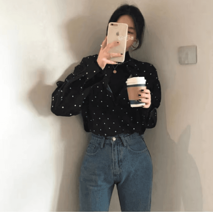 가을 의상 빅 사이즈 여성 의류 한국 chic 그는 벤 바람 폴로 칼라 배색 도트 무늬 루즈핏 다용도 긴팔 셔츠 이미지 2
