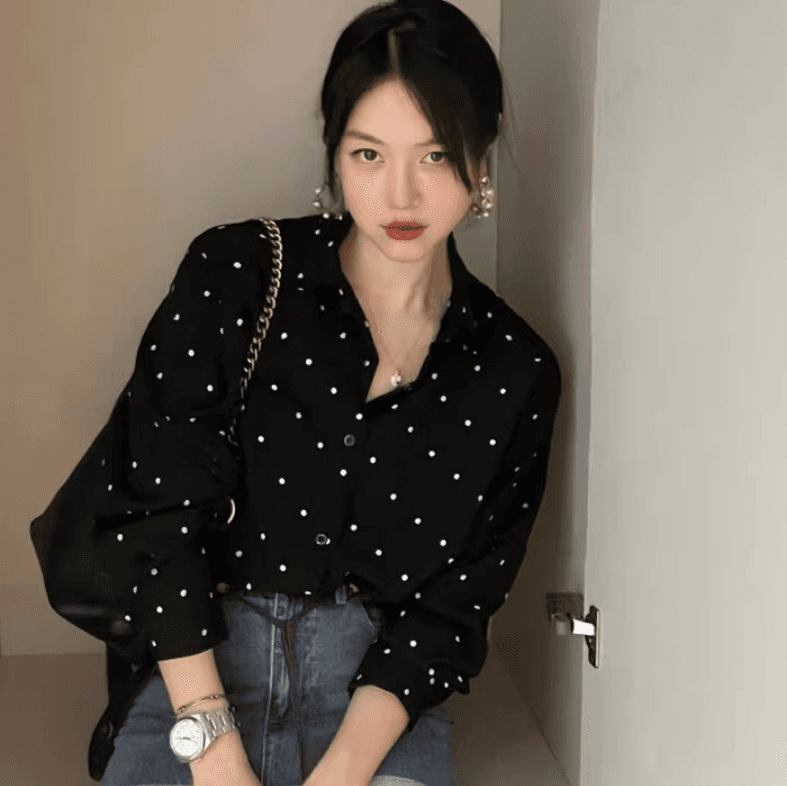 가을 의상 빅 사이즈 여성 의류 한국 chic 그는 벤 바람 폴로 칼라 배색 도트 무늬 루즈핏 다용도 긴팔 셔츠 이미지 4