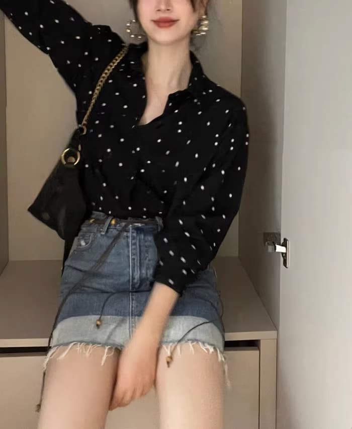 가을 의상 빅 사이즈 여성 의류 한국 chic 그는 벤 바람 폴로 칼라 배색 도트 무늬 루즈핏 다용도 긴팔 셔츠 상세 이미지 3