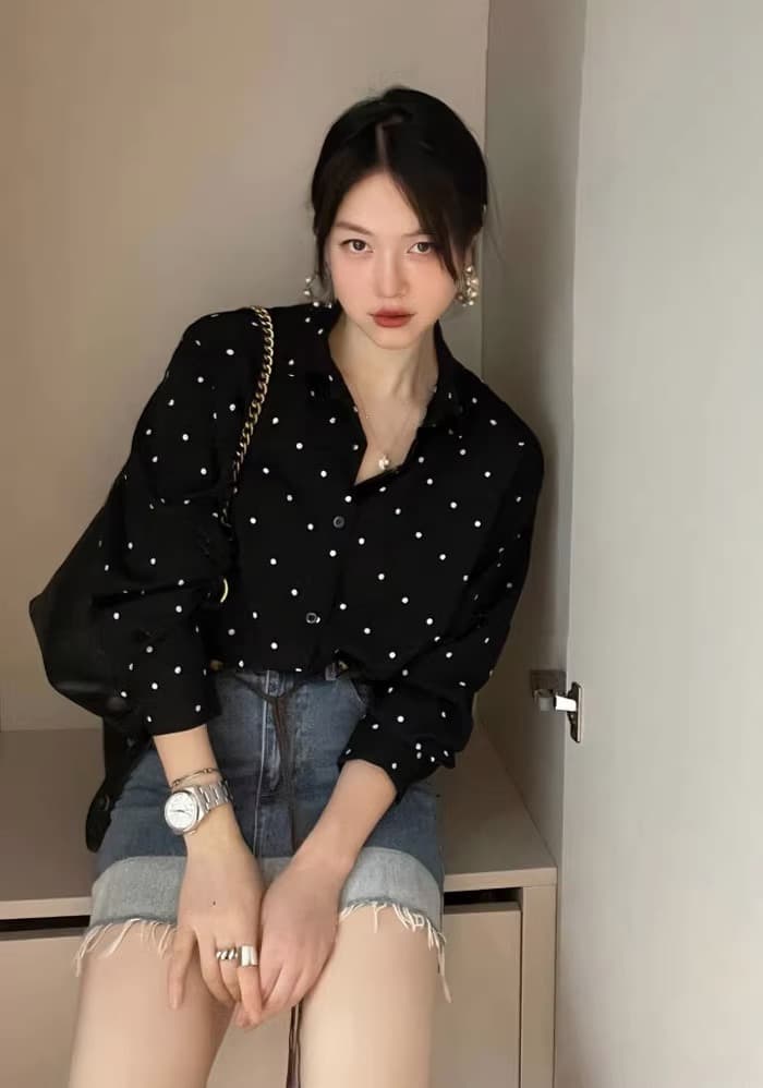 가을 의상 빅 사이즈 여성 의류 한국 chic 그는 벤 바람 폴로 칼라 배색 도트 무늬 루즈핏 다용도 긴팔 셔츠 상세 이미지 5