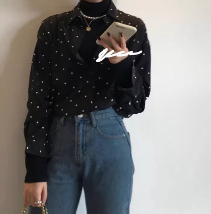 가을 의상 빅 사이즈 여성 의류 한국 chic 그는 벤 바람 폴로 칼라 배색 도트 무늬 루즈핏 다용도 긴팔 셔츠 상세 이미지 7