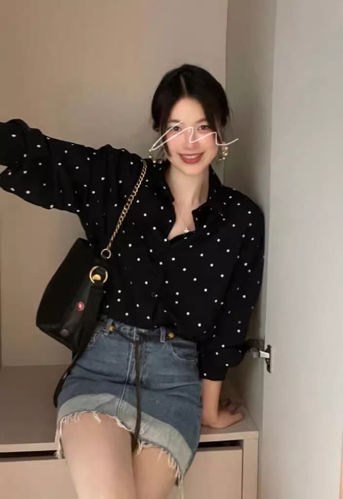 가을 의상 빅 사이즈 여성 의류 한국 chic 그는 벤 바람 폴로 칼라 배색 도트 무늬 루즈핏 다용도 긴팔 셔츠 상세 이미지 11
