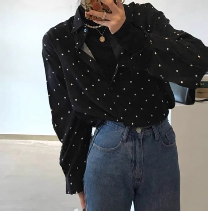 가을 의상 빅 사이즈 여성 의류 한국 chic 그는 벤 바람 폴로 칼라 배색 도트 무늬 루즈핏 다용도 긴팔 셔츠 상세 이미지 12