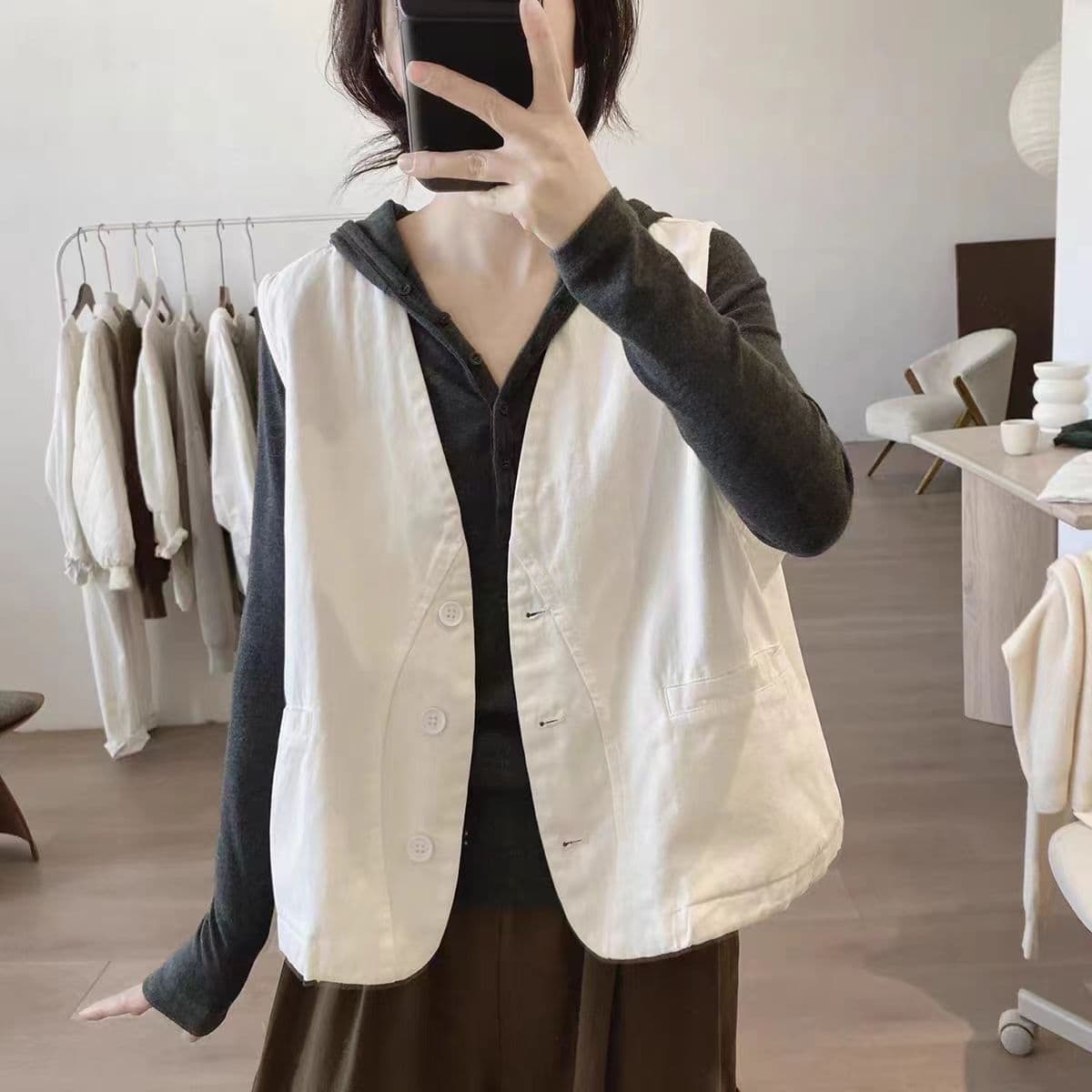 가을 의상 새로운 면 소재 조끼 재킷 여성 루즈핏 슬림해 보이는 V넥 미니멀리즘 작은 대중 디자인 센스 워크웨어 조끼