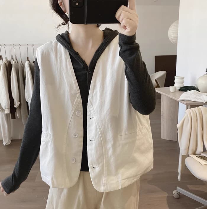 가을 의상 새로운 면 소재 조끼 재킷 여성 루즈핏 슬림해 보이는 V넥 미니멀리즘 작은 대중 디자인 센스 워크웨어 조끼 상세 이미지 11