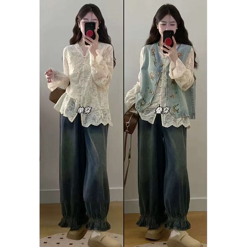 가을 의상 새로운 한국 스타일 루즈핏 슬림해 보이는 데님 조끼 여자 고급 센스 Chic 고유 한 루즈핏 스택 착용 조끼 세트 상세 이미지 2