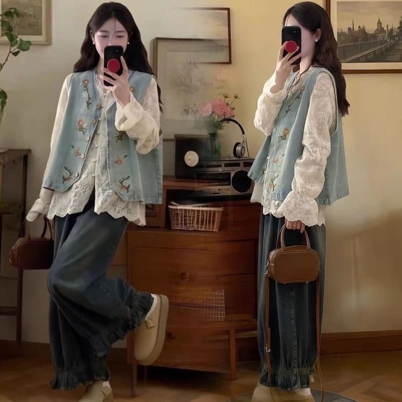 가을 의상 새로운 한국 스타일 루즈핏 슬림해 보이는 데님 조끼 여자 고급 센스 Chic 고유 한 루즈핏 스택 착용 조끼 세트 상세 이미지 4