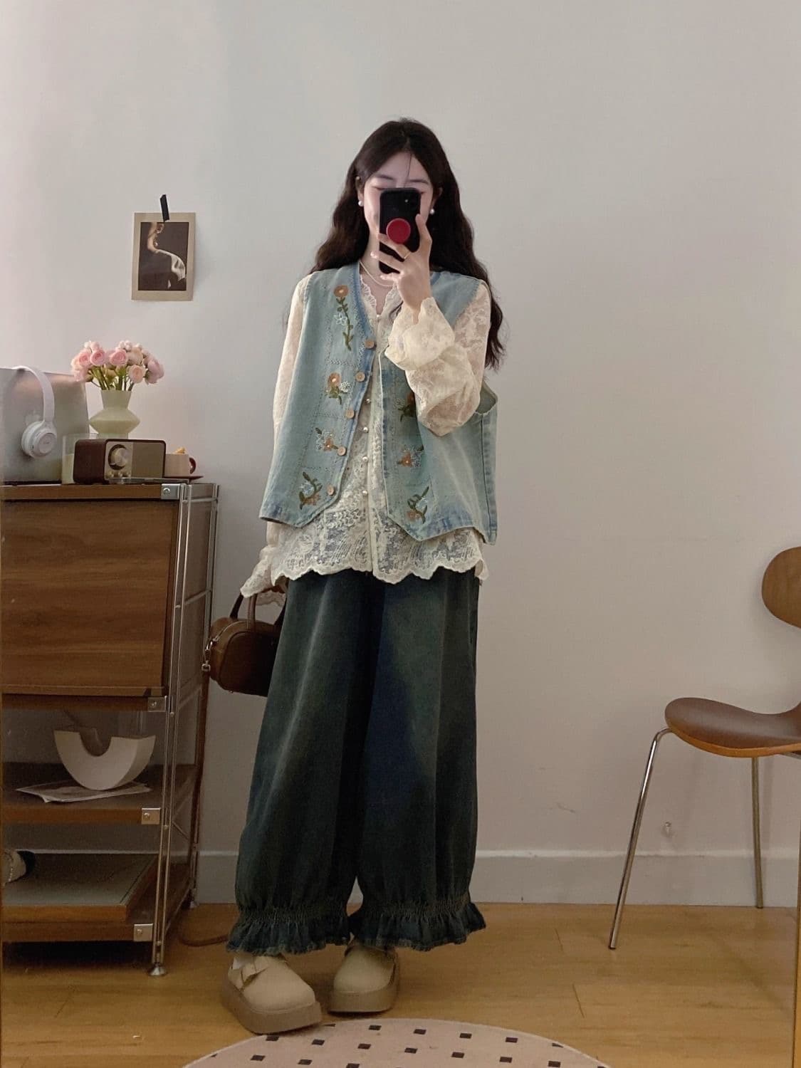 가을 의상 새로운 한국 스타일 루즈핏 슬림해 보이는 데님 조끼 여자 고급 센스 Chic 고유 한 루즈핏 스택 착용 조끼 세트 상세 이미지 10