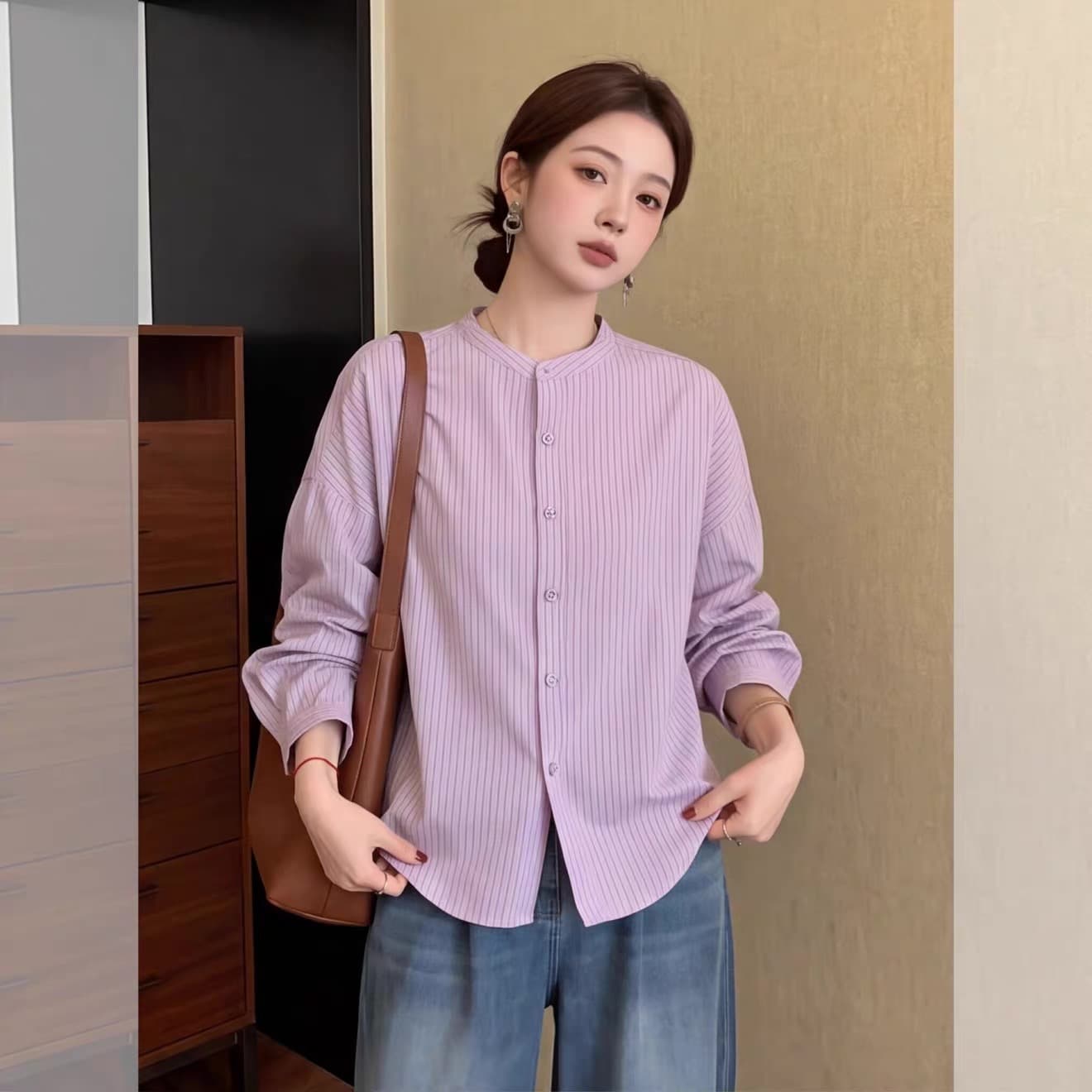 가을 의상 새로운 레트로 스트라이프 보라색 긴팔 여성 셔츠 빅 사이즈 다용도 루즈핏 고급 센스 맨위 이미지 5
