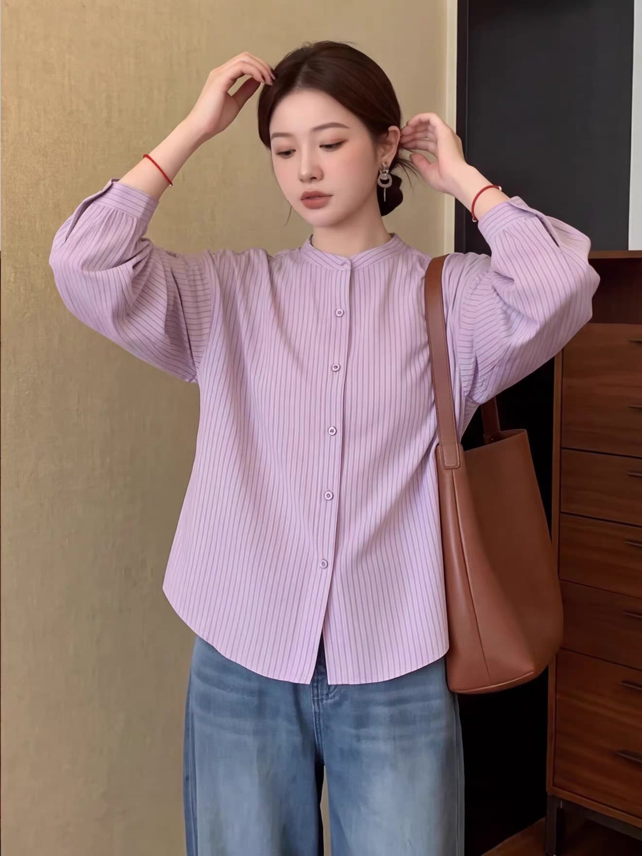 가을 의상 새로운 레트로 스트라이프 보라색 긴팔 여성 셔츠 빅 사이즈 다용도 루즈핏 고급 센스 맨위 상세 이미지 10