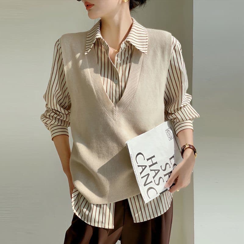 가을 의상 새로운 살구 색상 세로 줄무늬 셔츠 경력 출퇴근 긴팔 셔츠 고급 센스 빛 럭셔리 맨위 이미지 5