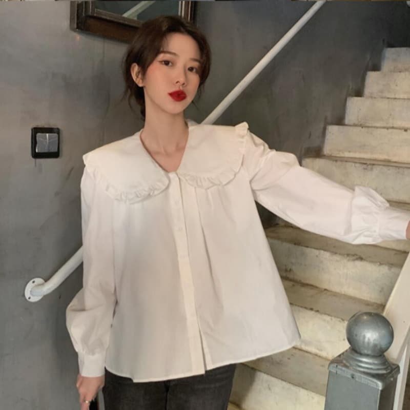 가을 의상 새로운 동대문 빅 사이즈 여성 의류 품격 프릴 인형 폴로 칼라 셔츠 이미지 5