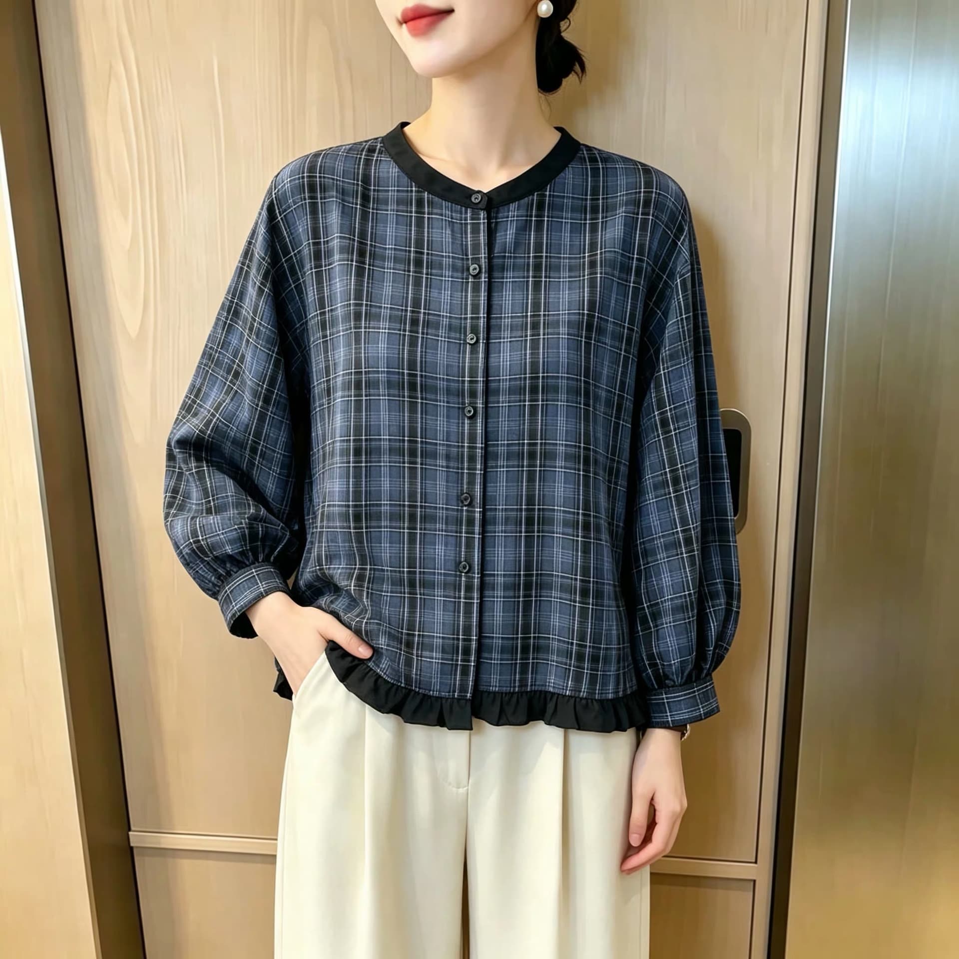 가을 의상 새로운 한 부서 파란색 체크무늬 여성 셔츠 루즈핏 캐주얼 라운드 넥 프릴 슈퍼 잘 생긴 맨위