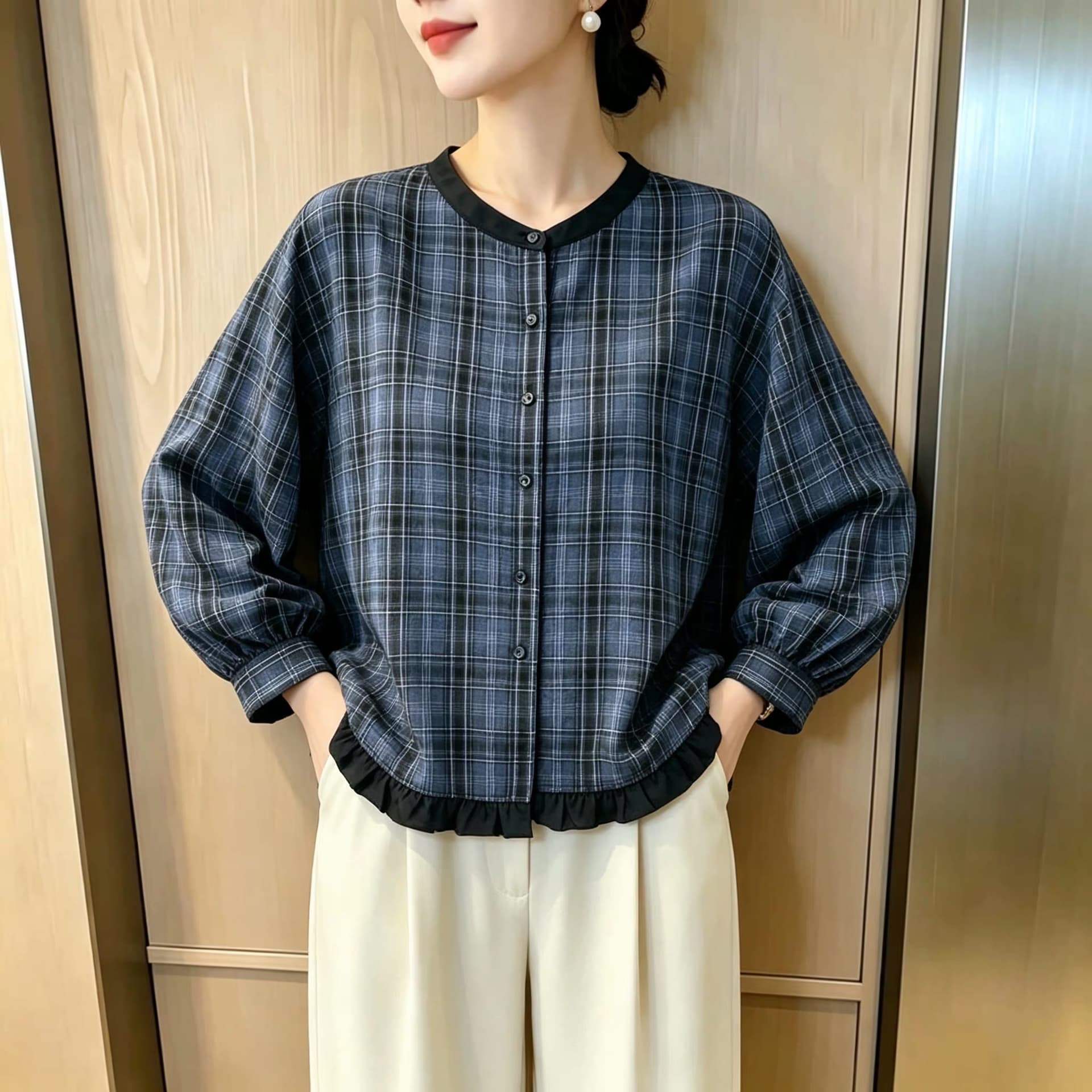 가을 의상 새로운 한 부서 파란색 체크무늬 여성 셔츠 루즈핏 캐주얼 라운드 넥 프릴 슈퍼 잘 생긴 맨위 상세 이미지 3