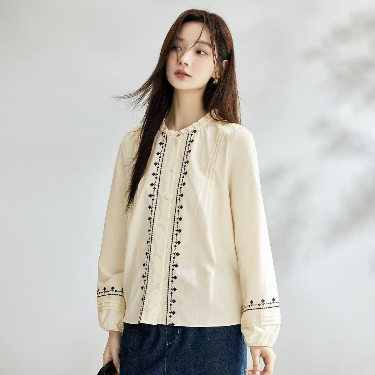 가을 의상 새로운 문예 랜턴 국풍 기본 셔츠 자수 연령 감소 맨위 루즈핏 고급 민족 셔츠 상세 이미지 5