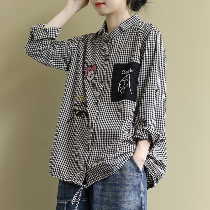 가을 의상 새로운 빅 사이즈 루즈핏 문예 긴팔 여성 셔츠 폴로 칼라 체크무늬 다용도 캐주얼 맨위 여성 이미지 5