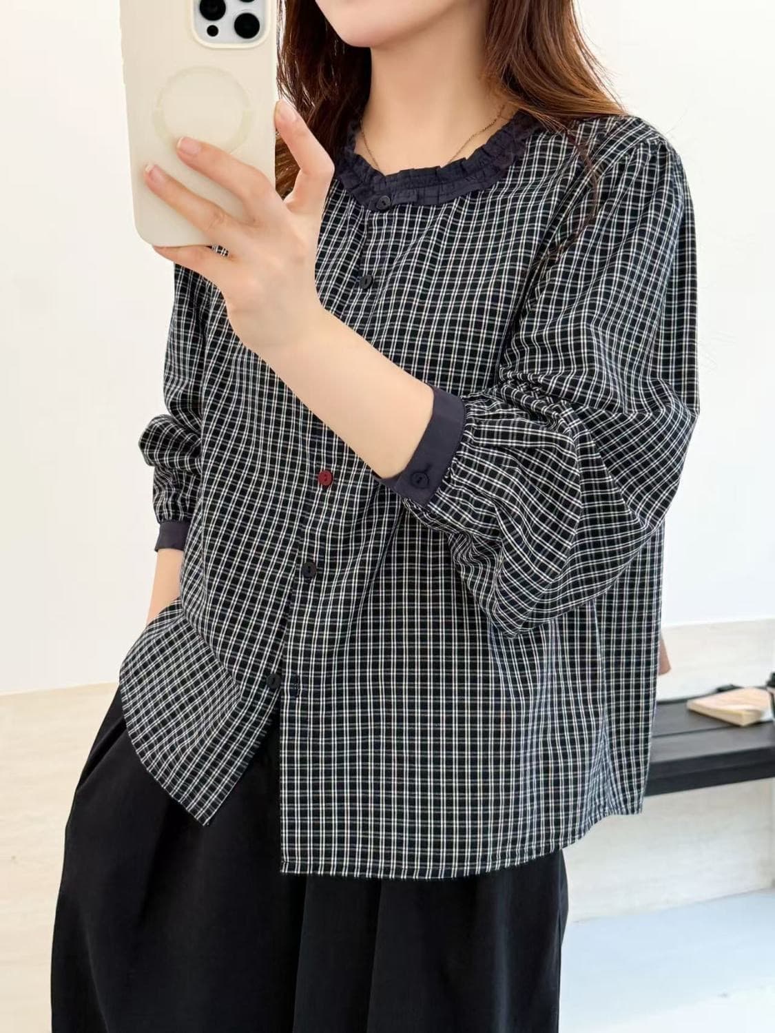 가을 의상 새로운 격자 무늬 셔츠 프릴 레트로 긴팔 루즈핏 다용도 캐주얼 맨위 여성 상세 이미지 7