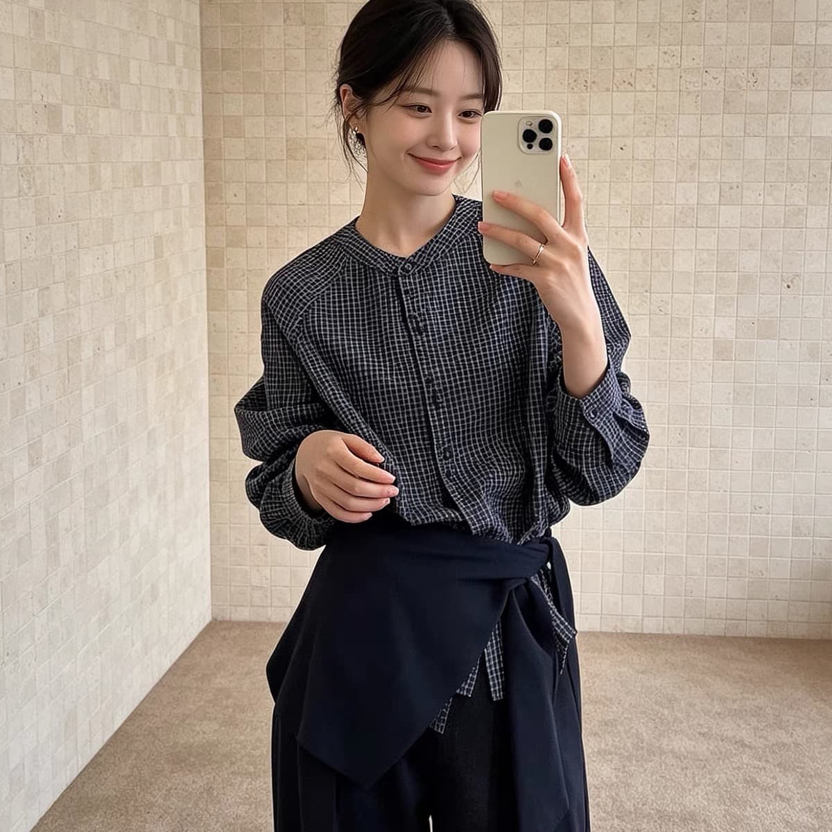 가을 의상 새로운 프랑스식 레트로 체크무늬 숄 긴팔 셔츠 여성 레저 품격 셔츠 루즈핏 맨위