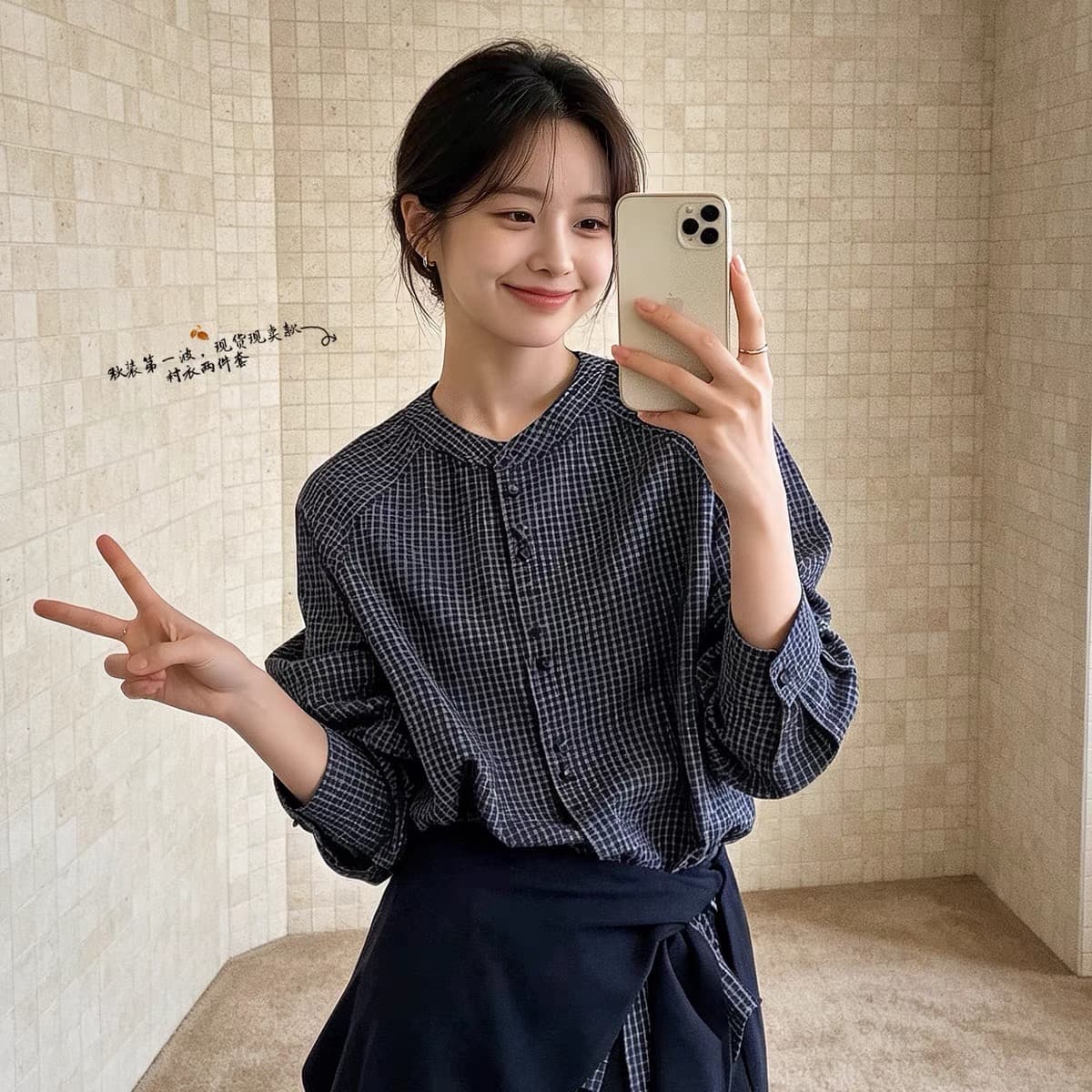 가을 의상 새로운 프랑스식 레트로 체크무늬 숄 긴팔 셔츠 여성 레저 품격 셔츠 루즈핏 맨위 이미지 5