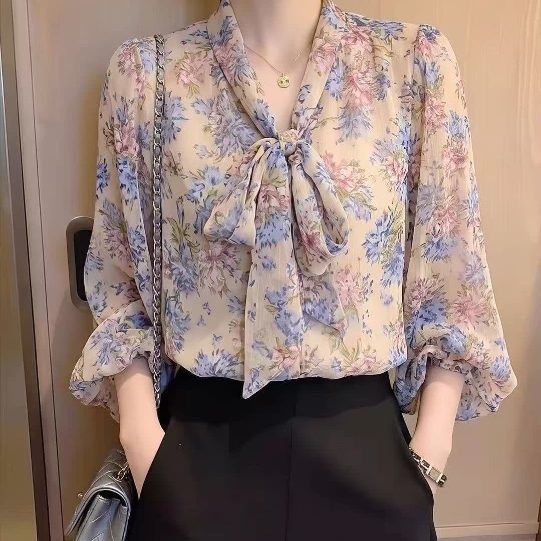 가을 의상 새로운 패션 꽃무늬 9부 소매 레이스업 나비 매듭 쉬폰 블라우스 한 부서 연령 감소 슬림해 보이는 루즈핏 여성 셔츠 상세 이미지 9