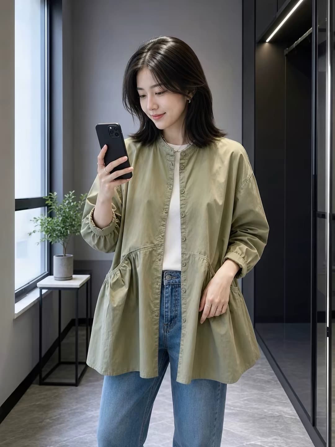가을 의상 한국 스타일 빅 사이즈 여성 의류 새로운 더블 주머니 긴팔 재킷 재킷 셔츠 맨위 여성 상세 이미지 5
