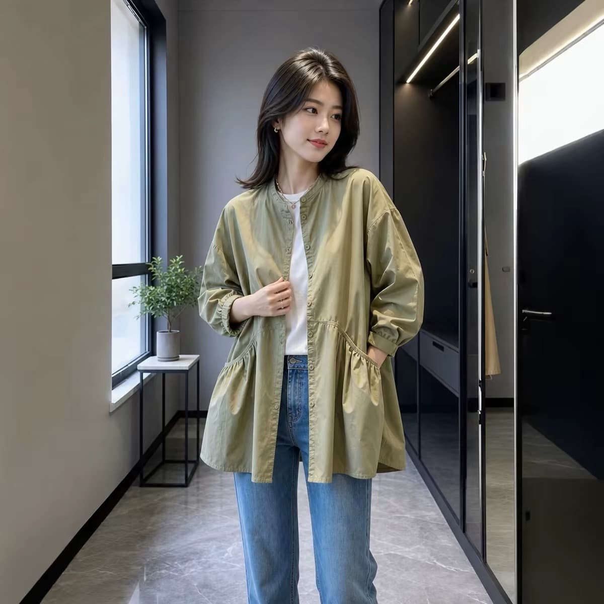 가을 의상 한국 스타일 빅 사이즈 여성 의류 새로운 더블 주머니 긴팔 재킷 재킷 셔츠 맨위 여성 상세 이미지 7