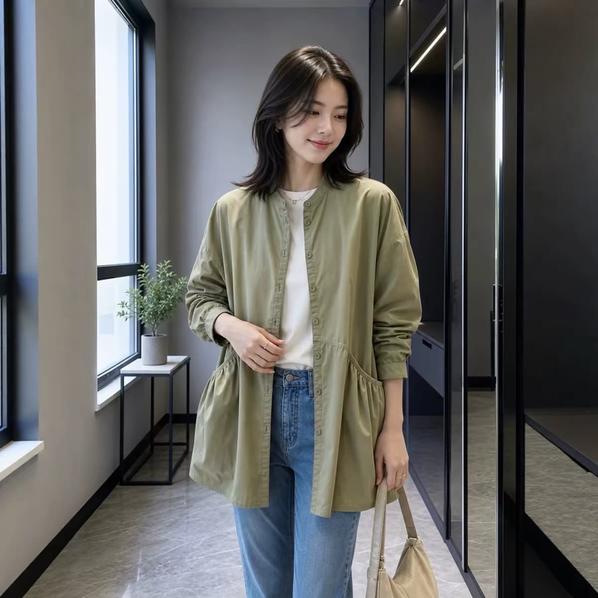 가을 의상 한국 스타일 빅 사이즈 여성 의류 새로운 더블 주머니 긴팔 재킷 재킷 셔츠 맨위 여성 상세 이미지 8