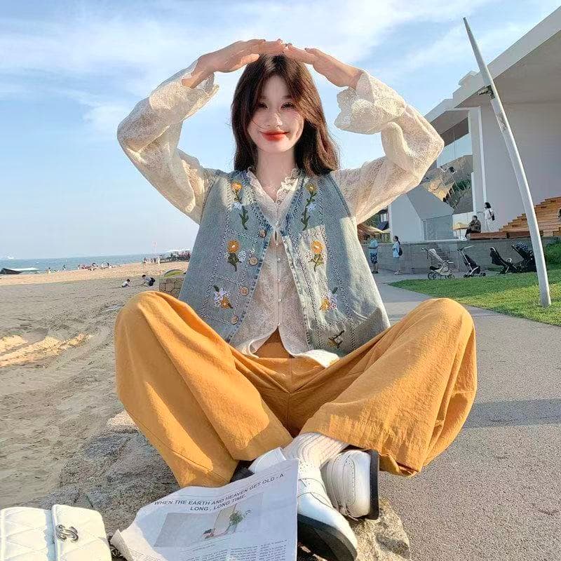 가을 의상 새로운 한국 스타일 루즈핏 슬림해 보이는 데님 조끼 여자 고급 센스 Chic 고유 한 루즈핏 스택 착용 조끼 세트