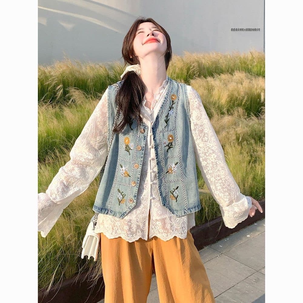 가을 의상 새로운 한국 스타일 루즈핏 슬림해 보이는 데님 조끼 여자 고급 센스 Chic 고유 한 루즈핏 스택 착용 조끼 세트 이미지 4
