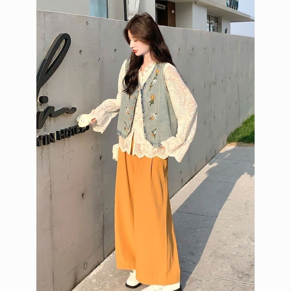 가을 의상 새로운 한국 스타일 루즈핏 슬림해 보이는 데님 조끼 여자 고급 센스 Chic 고유 한 루즈핏 스택 착용 조끼 세트 이미지 5