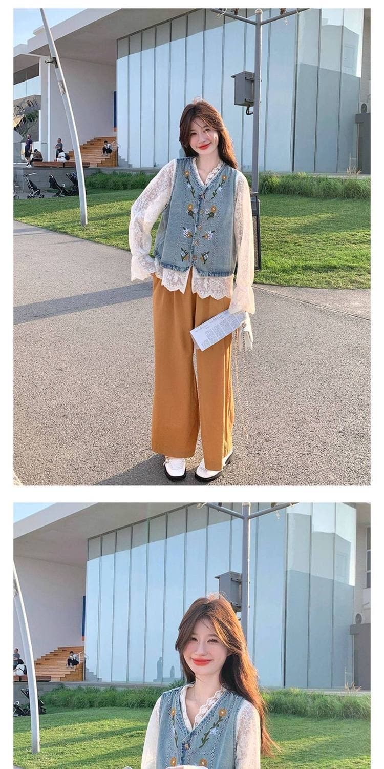 가을 의상 새로운 한국 스타일 루즈핏 슬림해 보이는 데님 조끼 여자 고급 센스 Chic 고유 한 루즈핏 스택 착용 조끼 세트 상세 이미지 4