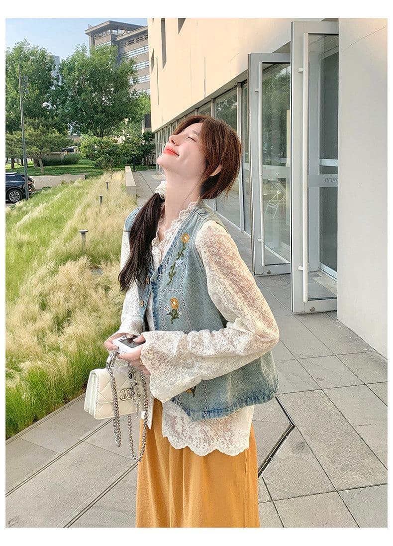 가을 의상 새로운 한국 스타일 루즈핏 슬림해 보이는 데님 조끼 여자 고급 센스 Chic 고유 한 루즈핏 스택 착용 조끼 세트 상세 이미지 8