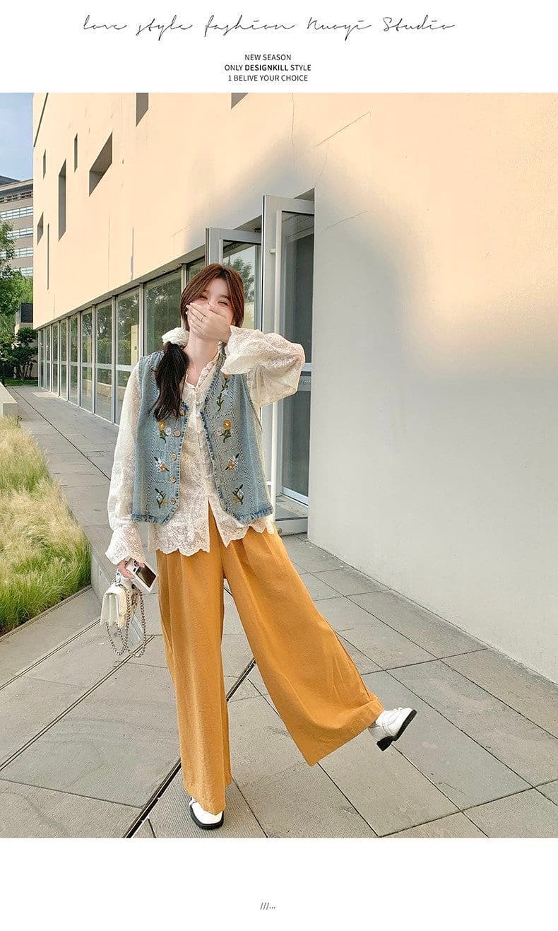 가을 의상 새로운 한국 스타일 루즈핏 슬림해 보이는 데님 조끼 여자 고급 센스 Chic 고유 한 루즈핏 스택 착용 조끼 세트 상세 이미지 9
