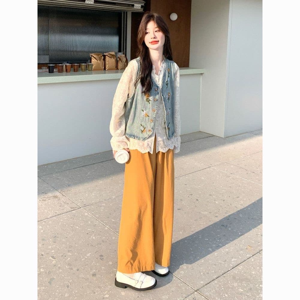 가을 의상 새로운 한국 스타일 루즈핏 슬림해 보이는 데님 조끼 여자 고급 센스 Chic 고유 한 루즈핏 스택 착용 조끼 세트 상세 이미지 12
