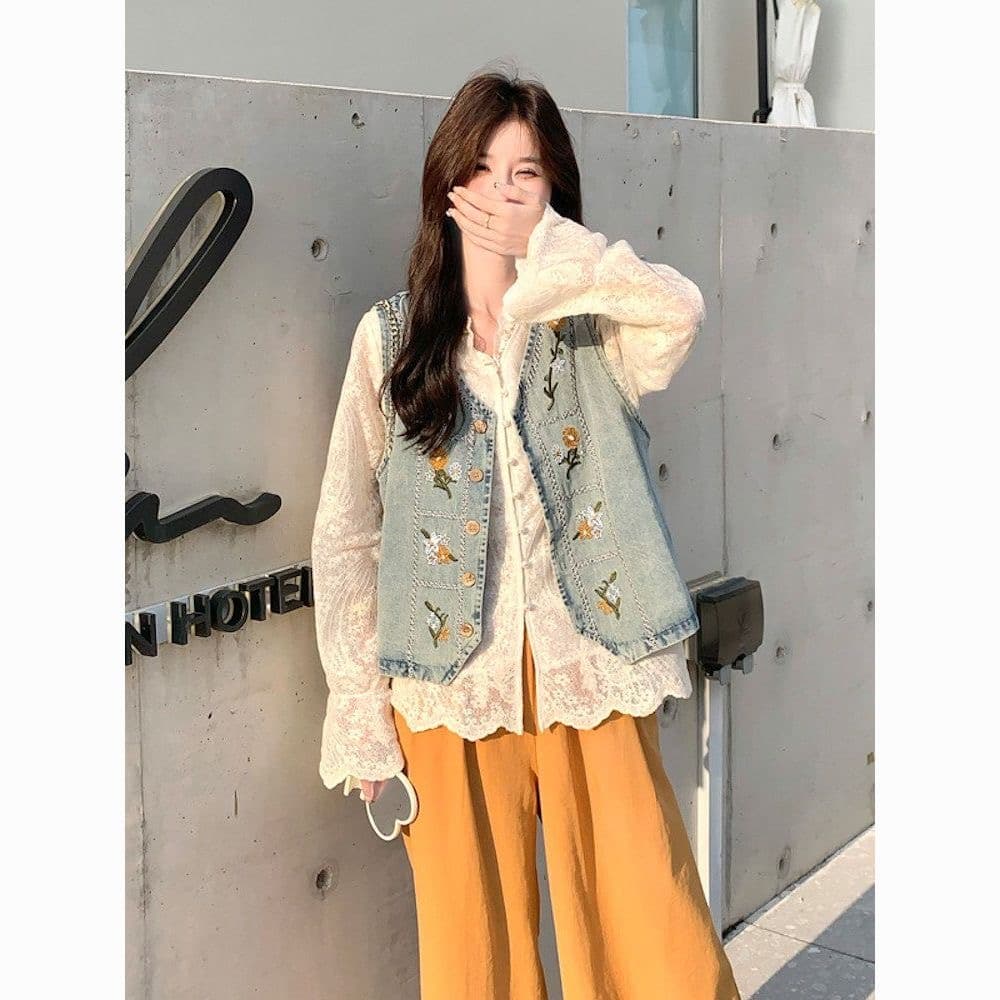 가을 의상 새로운 한국 스타일 루즈핏 슬림해 보이는 데님 조끼 여자 고급 센스 Chic 고유 한 루즈핏 스택 착용 조끼 세트 상세 이미지 15