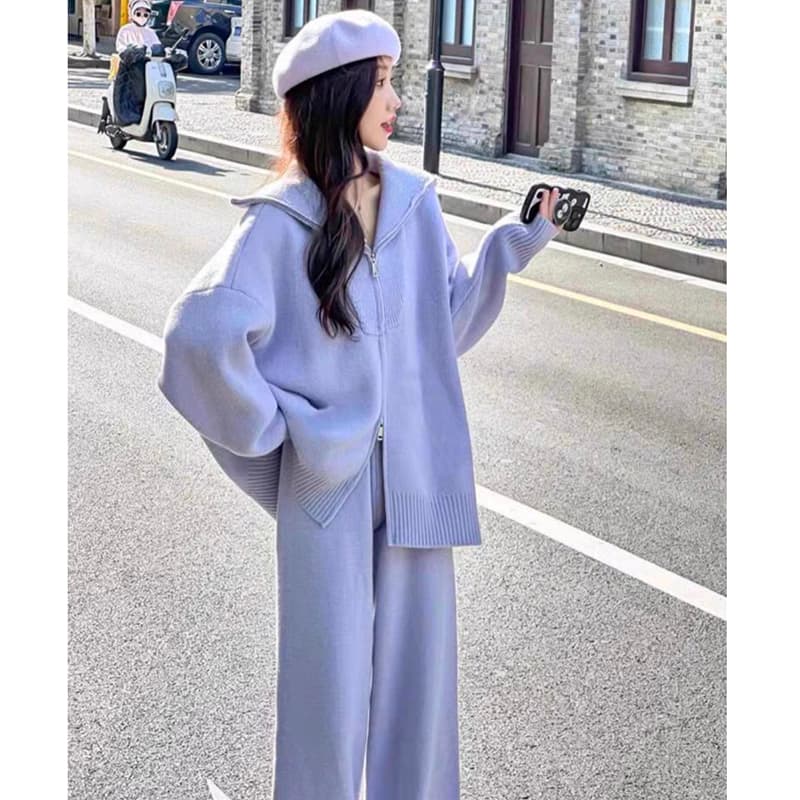 신제품 2026 가을 겨울 한국 스타일 느긋한 바람 캐주얼 연령 감소 스웨터 맨위 수 있습니다. 조정 와이드 레그 팬츠 세트 이미지 3