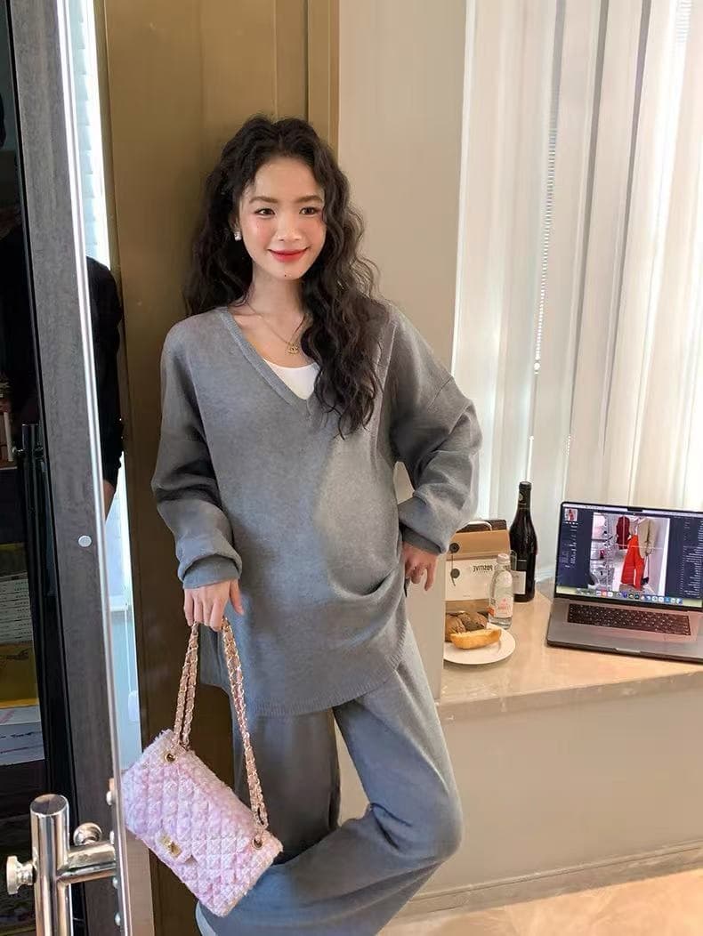2026 이른 가을 느긋한 바람 패션 외국 가스 슬림해 보이는 세트 니트 스웨터 와이드 레그 팬츠 어린이 임산부 투피스 세트 상세 이미지 1