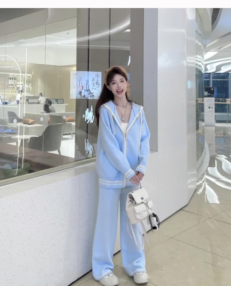 지금 출산 착용 2026 가을 겨울 새로운 니트 투피스 세트 한국 스타일 후드 루즈핏 캐주얼 바람 세트 상세 이미지 5