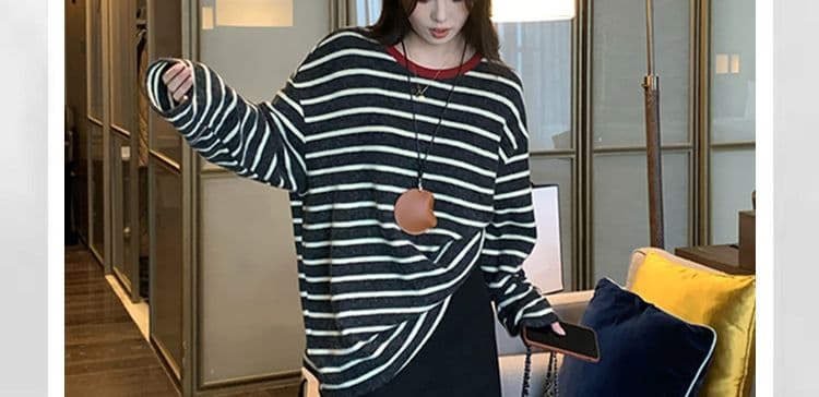 지금 지금 2026 이른 가을 신제품 임산부 스트라이프 긴팔 연삭 털 배색 루즈핏 느긋한 풀오버 맨위 반신 스커트 상세 이미지 2