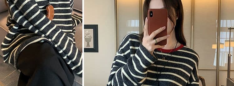 지금 지금 2026 이른 가을 신제품 임산부 스트라이프 긴팔 연삭 털 배색 루즈핏 느긋한 풀오버 맨위 반신 스커트 상세 이미지 11