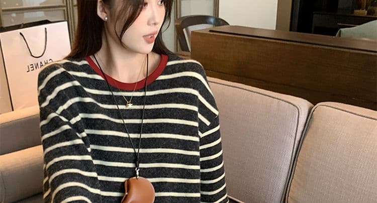 지금 지금 2026 이른 가을 신제품 임산부 스트라이프 긴팔 연삭 털 배색 루즈핏 느긋한 풀오버 맨위 반신 스커트 상세 이미지 20